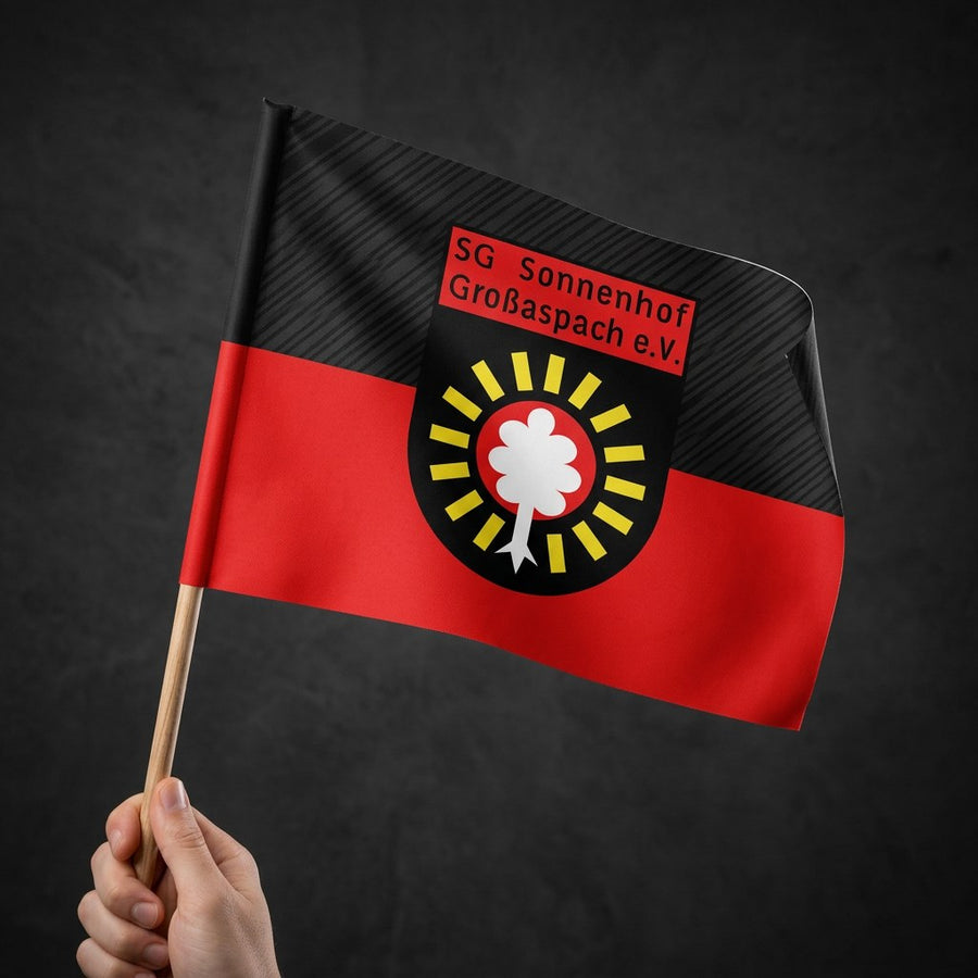 Stockfahne SG Sonnenhof Großaspach – schwarz-rot mit Wappen, 40x30 cm mit Holzstab